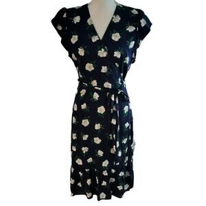 Draper James Size 10 Floral Print Midi Wrap Dress Flutter Sleeves Ruffle Hem